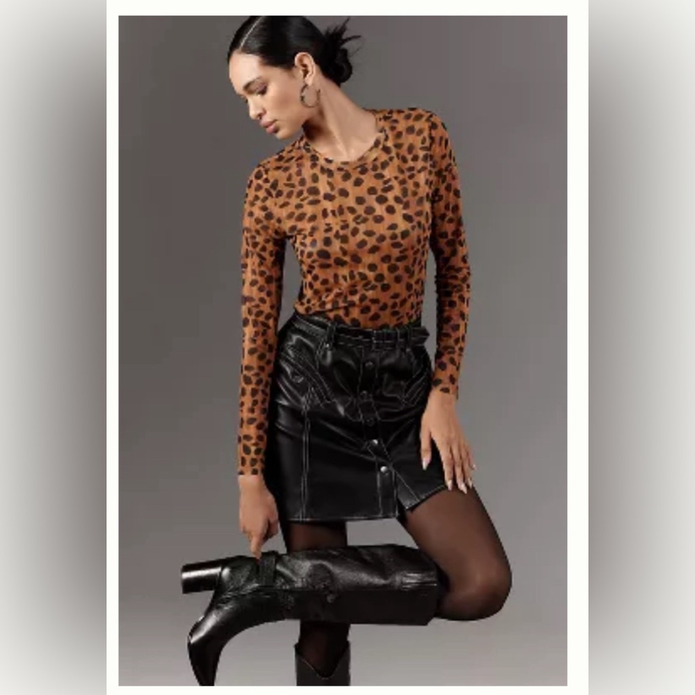 NWT Porridge Kona Mock-Neck Mesh Animal Dot Printed Long Sleeve Top, size Small